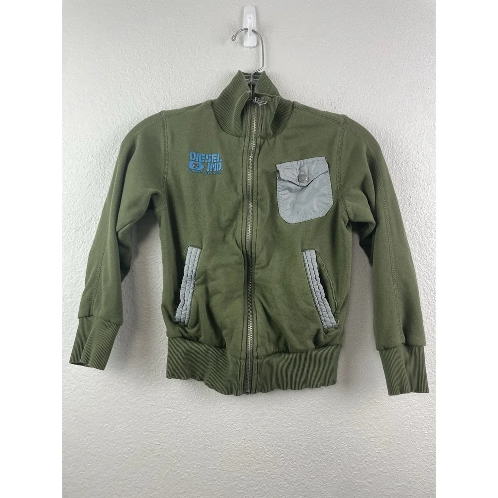 Diesel‎ Sweatshirt Boys Size 8 Green Full Zip Mockneck Graphic Print Logo Cotton
